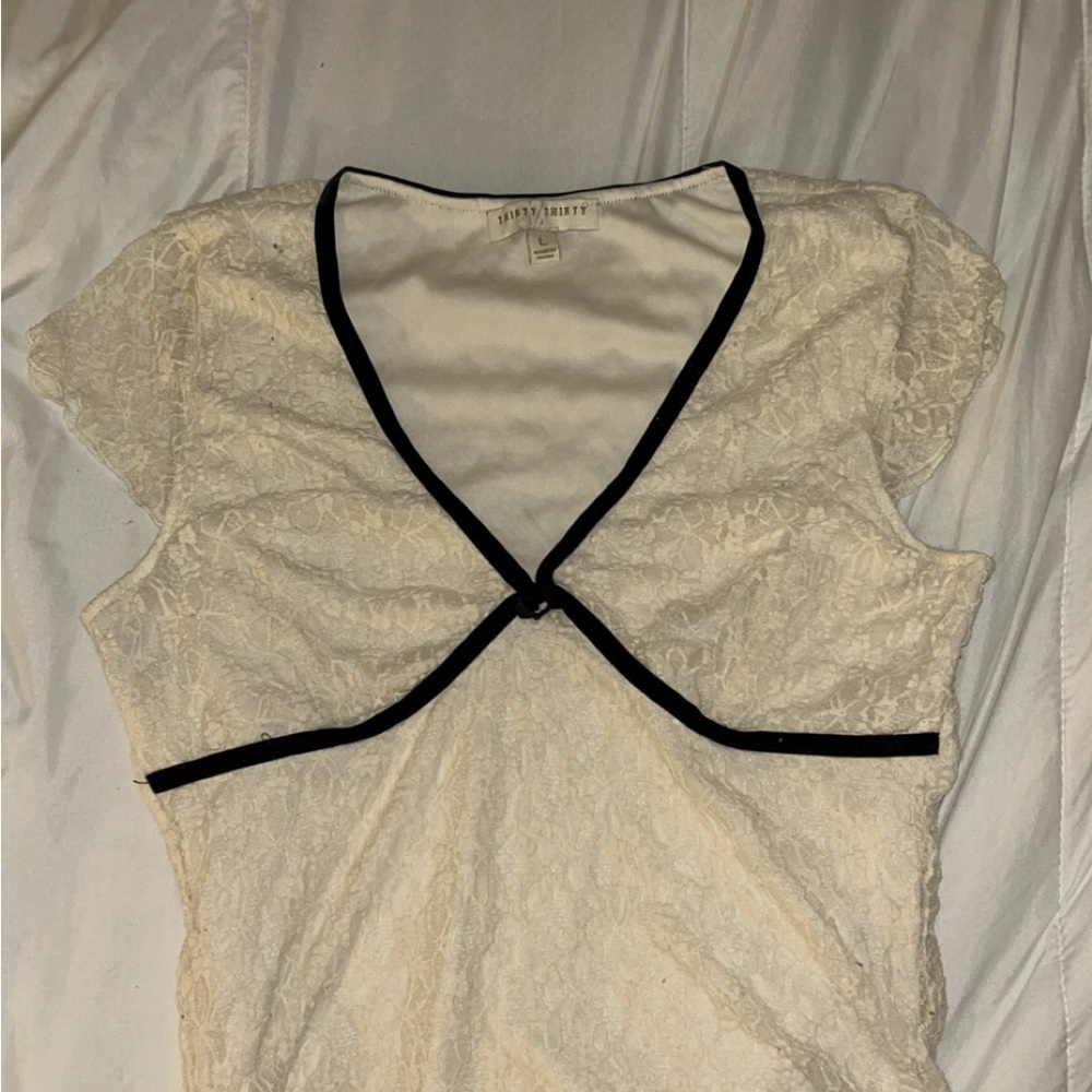 Cream and Black Cap Sleeve Tie Front Blouse